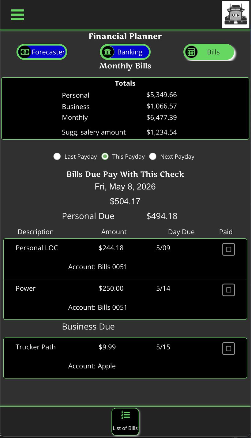 Bills main screen