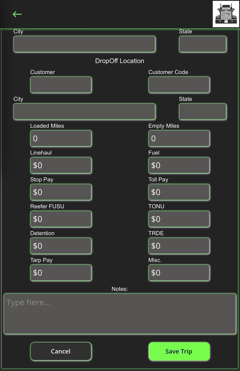 Enter trip form pay section