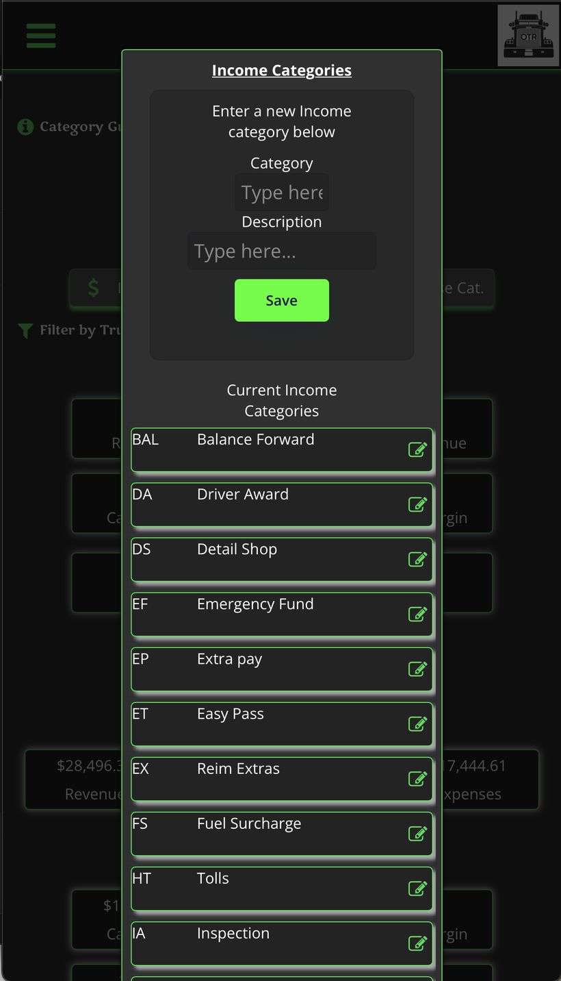 Income categories modal
