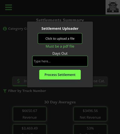 Settlement Uploader popup with file upload, Days Out field, and Process Settlement button