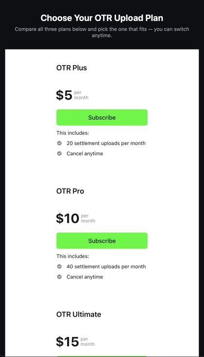 Choose Your OTR Upload Plan pricing comparison screen