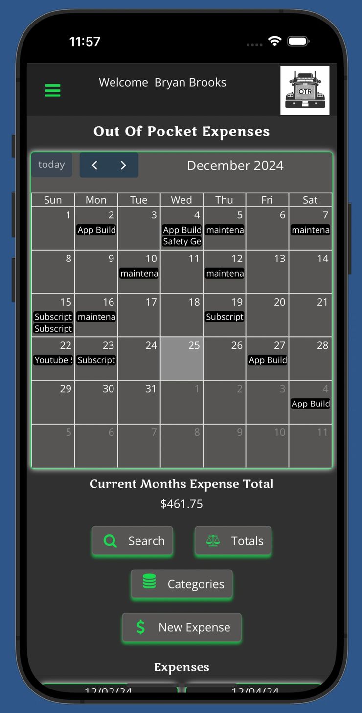 OTR trucking app screenshot showing out-of-pocket expenses calendar view
