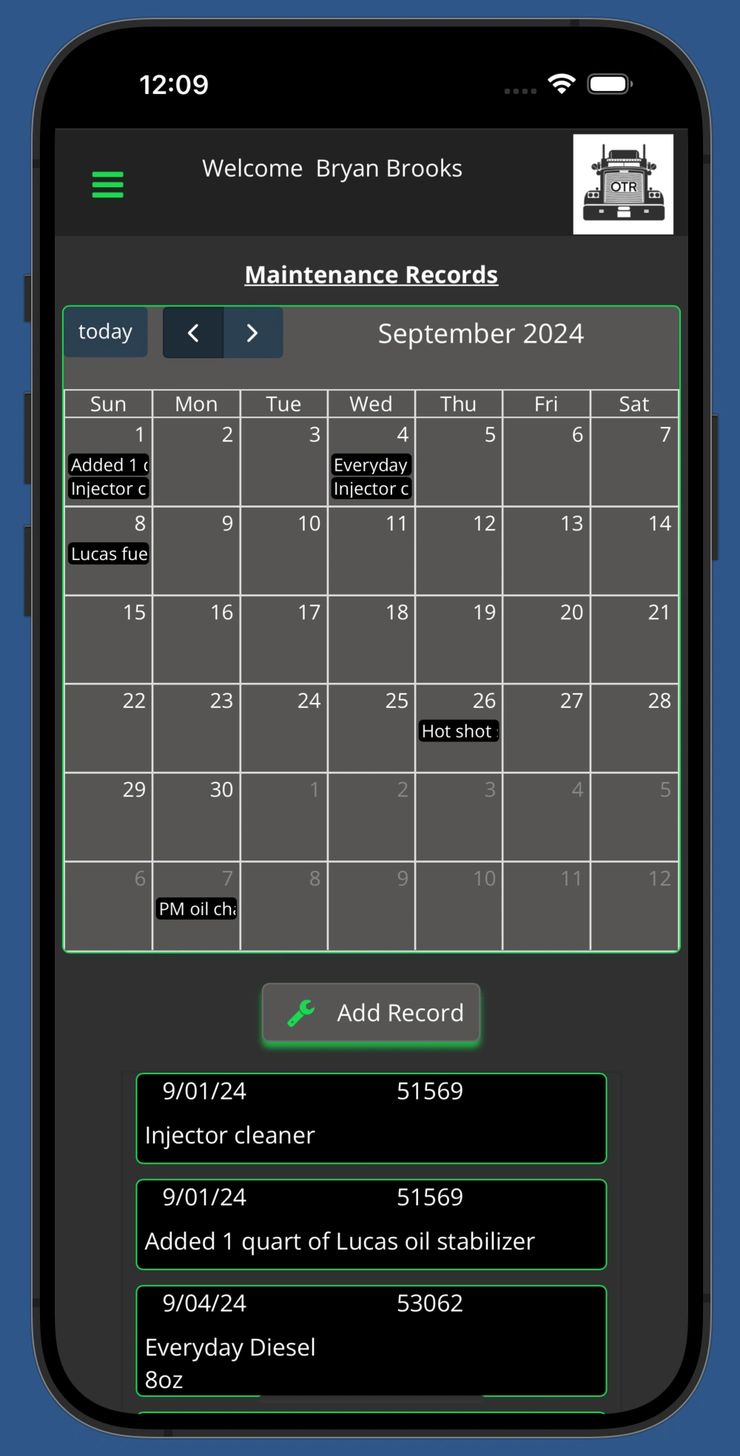 OTR app maintenance records calendar showing injector cleaner, fuel additive, and oil change logs